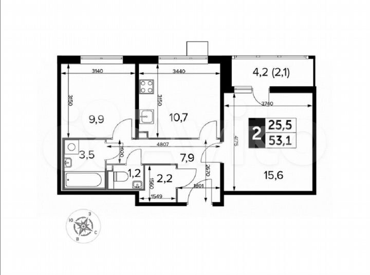 2-к. квартира, 53,1 м², 14/16 эт.