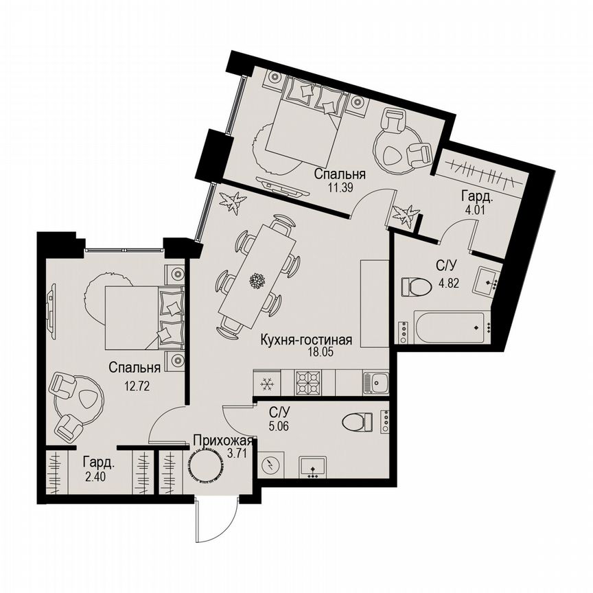 2-к. квартира, 62,2 м², 2/6 эт.