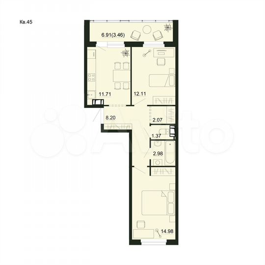 2-к. квартира, 56,9 м², 4/5 эт.