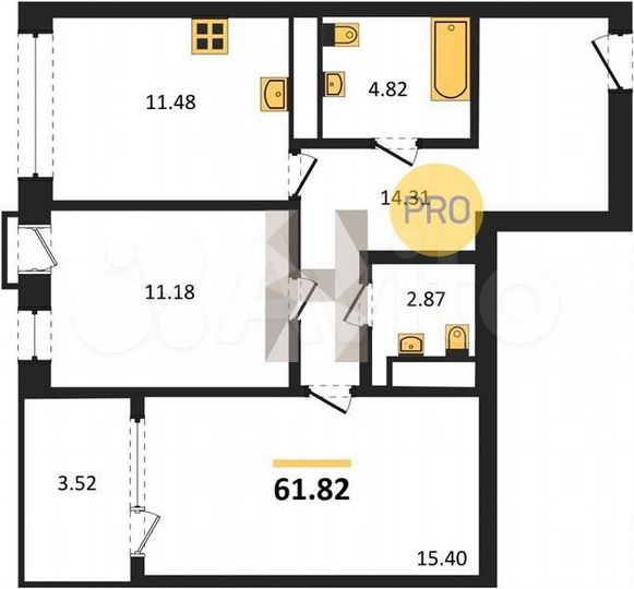 2-к. квартира, 61,8 м², 8/21 эт.