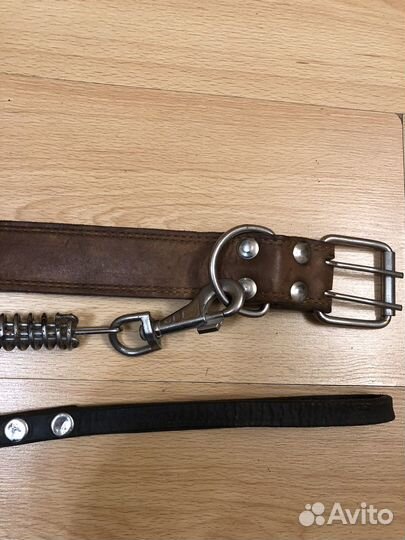 Кожанный ошейник с поводком и намордником