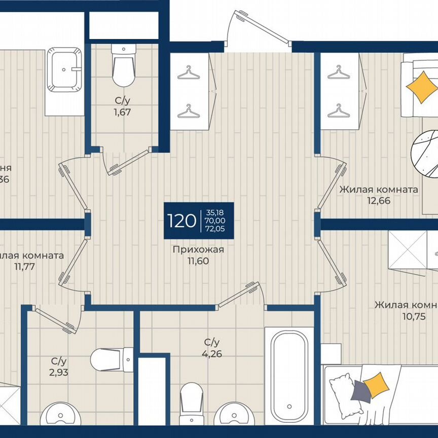 3-к. квартира, 72,1 м², 7/12 эт.