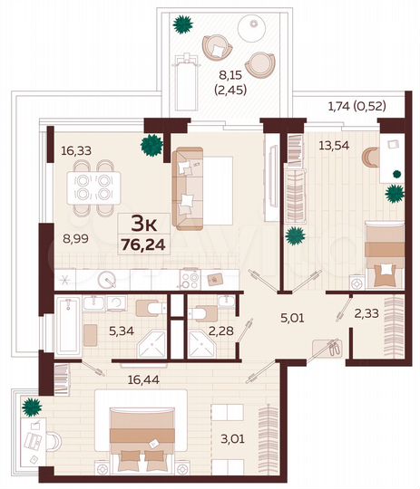3-к. квартира, 75,8 м², 5/9 эт.