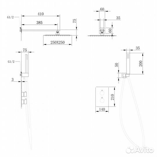 Душевой комплект скрытого монтажа abber Weiss Insel с термостатом AF8051