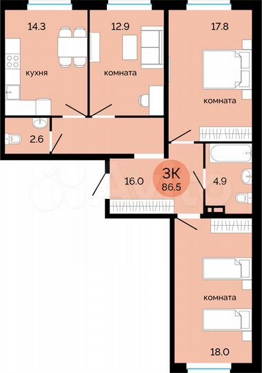 3-к. квартира, 86,5 м², 3/14 эт.