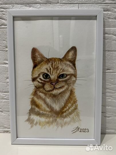 Картина акварелью в раме А4 Рыжий кот
