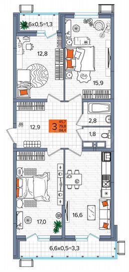 3-к. квартира, 84,4 м², 10/16 эт.