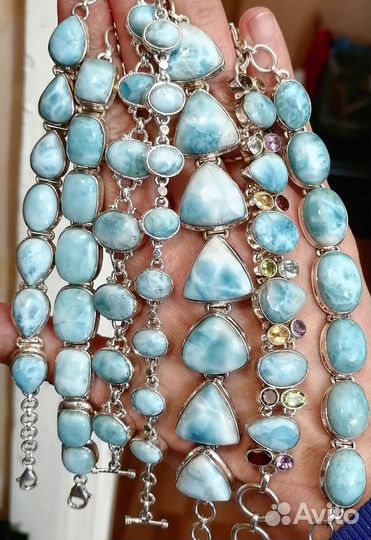 Ларимар браслет серьги кольцо кулон комплект 925п