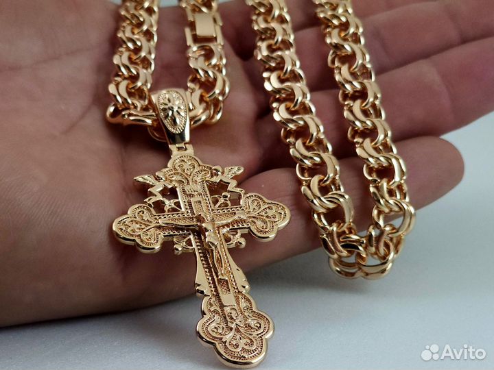 Позолоченная Цепочка Бисмарк с крестом, вес 96г