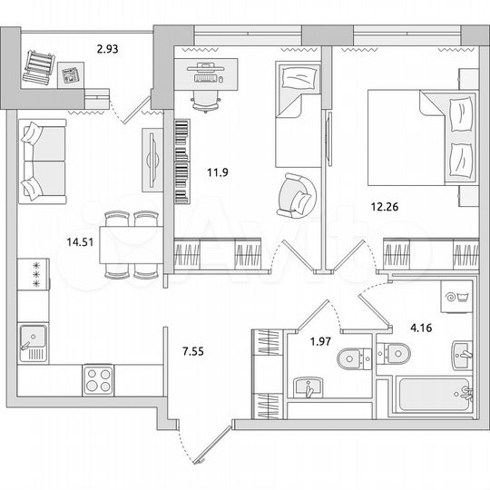 2-к. квартира, 55,3 м², 17/21 эт.