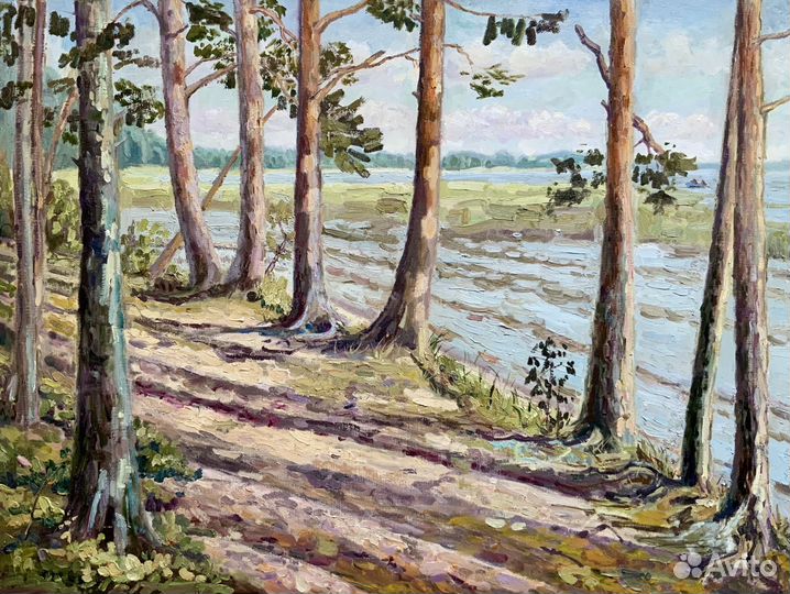 Картина летний пейзаж Дорога вдоль озера 60х80