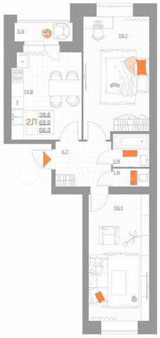 2-к. квартира, 66,3 м², 2/5 эт.