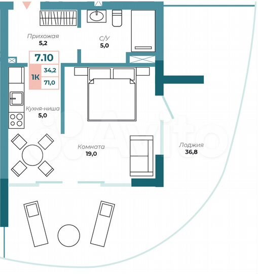 1-к. квартира, 71 м², 7/13 эт.