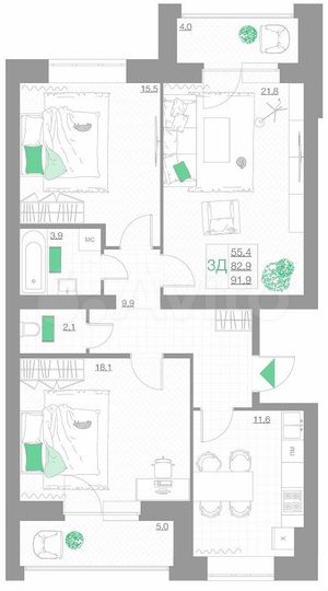 3-к. квартира, 91,9 м², 1/5 эт.