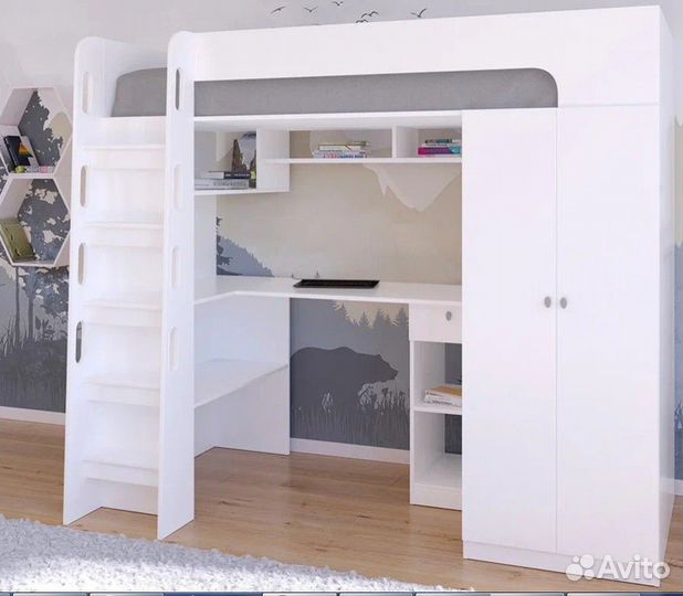 Кровать чердак со столом и шкафом Сонома/Венге