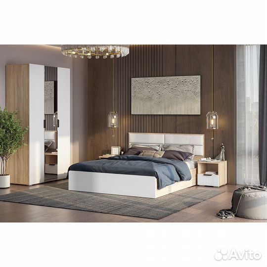 Кровать Норд крпм-160 1,6*2,0 м с подъемным механизмом - дуб сонома / софт пломбир / белый (экокожа)