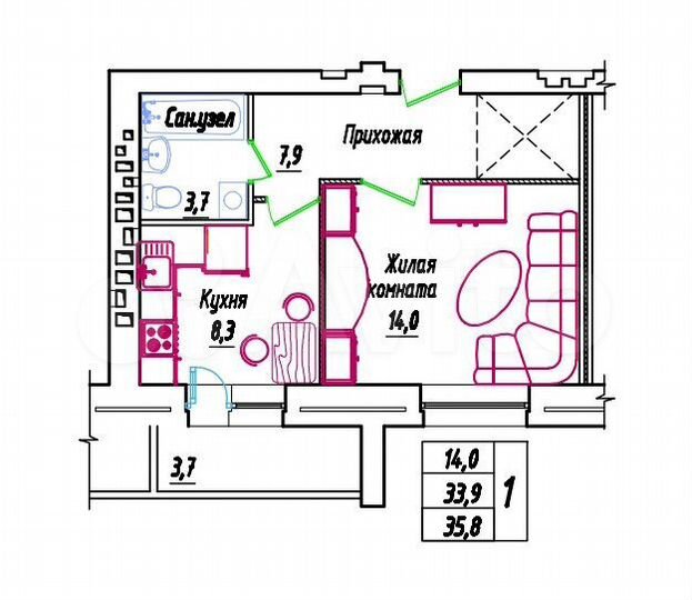 1-к. квартира, 35,8 м², 7/9 эт.