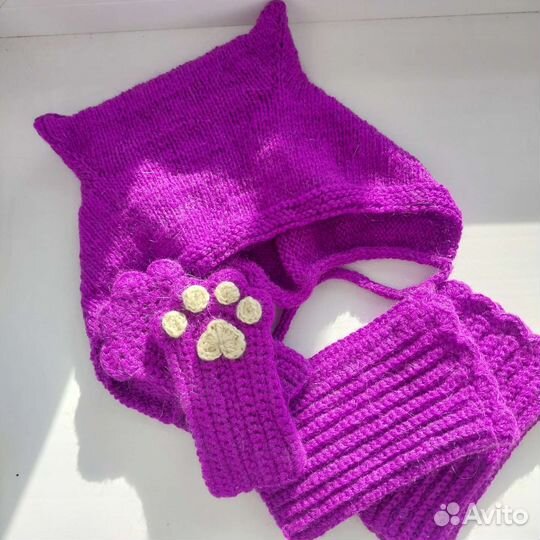 Чепчик с ушками+митенки+гетры