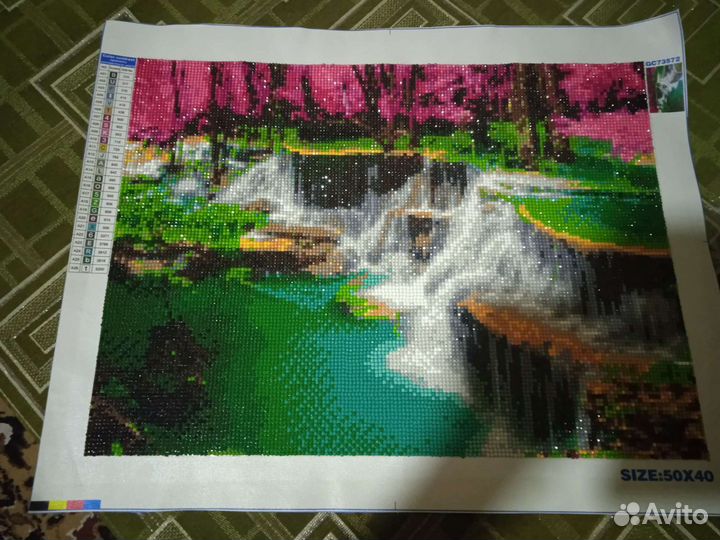 Водопад и Сакура, алмазная мозаика