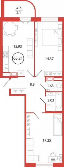 2-к. квартира, 63,2 м², 3/12 эт.