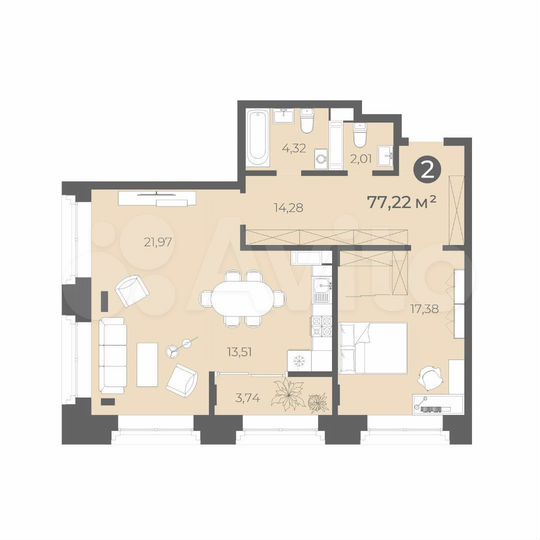 2-к. квартира, 77,2 м², 2/5 эт.