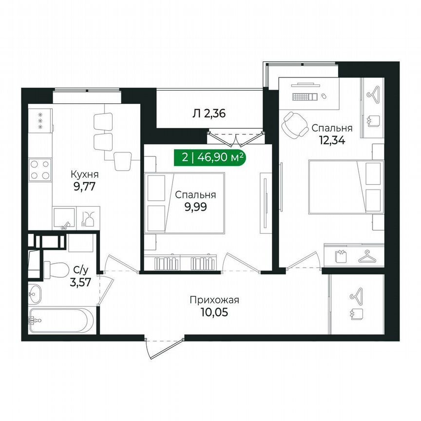2-к. квартира, 46,9 м², 5/8 эт.