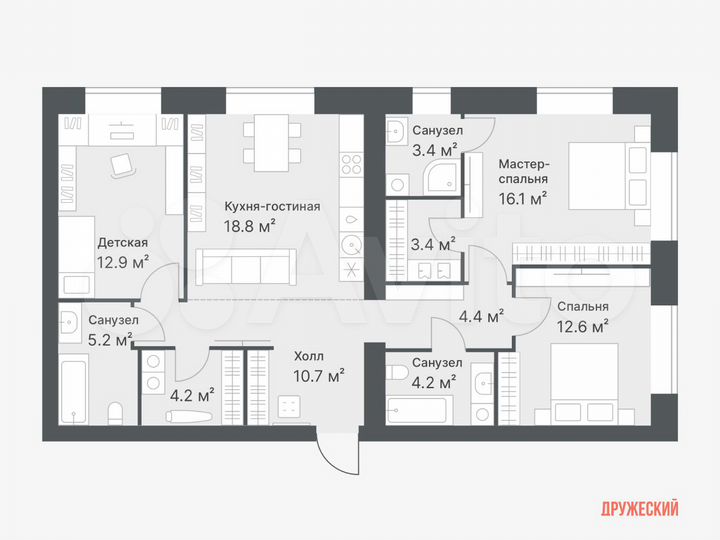 3-к. квартира, 95,9 м², 8/14 эт.