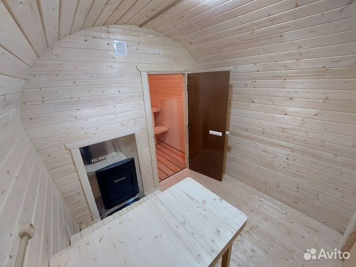 Баня бочка 4 м (плоский пол, липа в парилке)