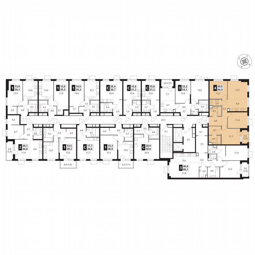3-к. квартира, 84,9 м², 4/15 эт.