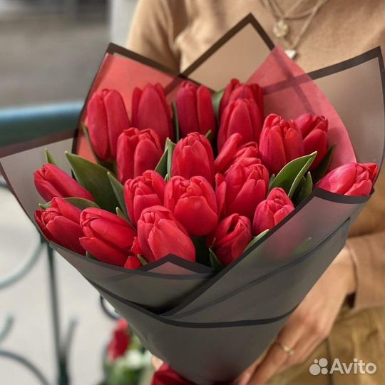 Букет из красных сортовых тюльпанов 27 шт