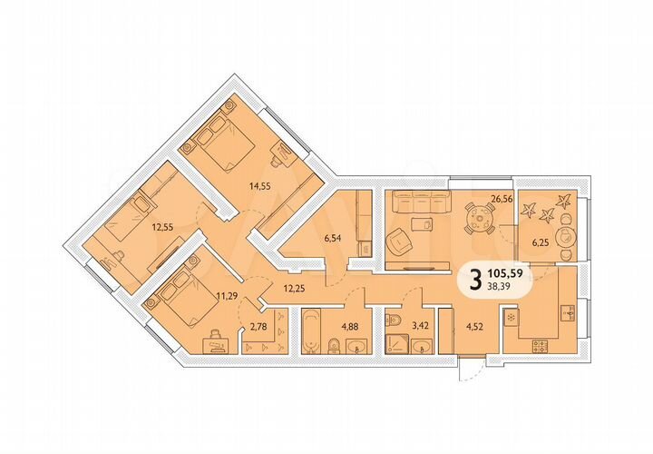 3-к. квартира, 105,6 м², 14/15 эт.