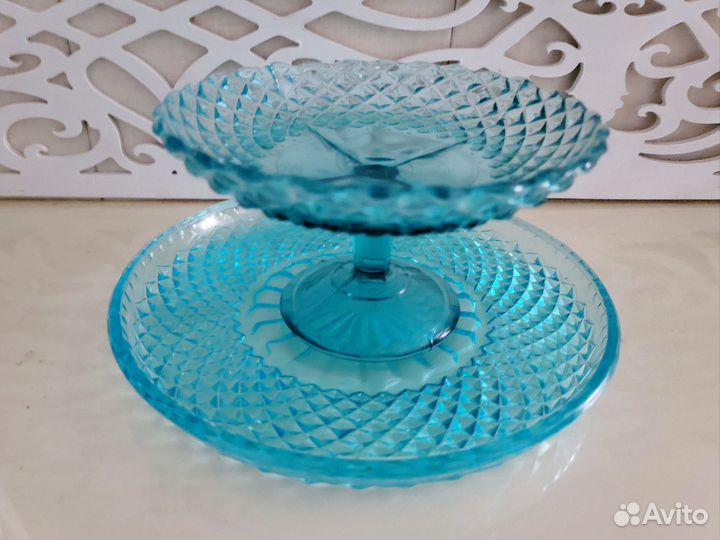 Ваза на ножке и блюдо цветное стекло СССР