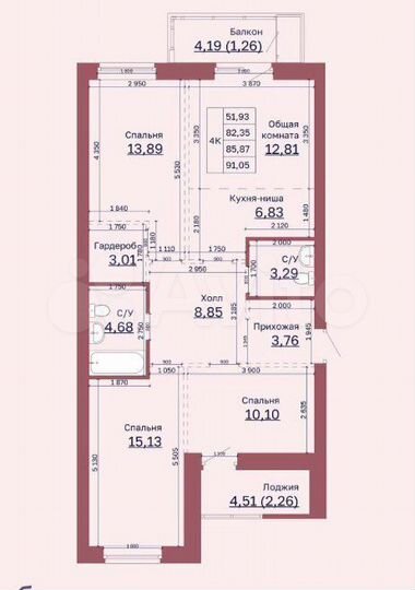 4-к. квартира, 85,9 м², 3/6 эт.