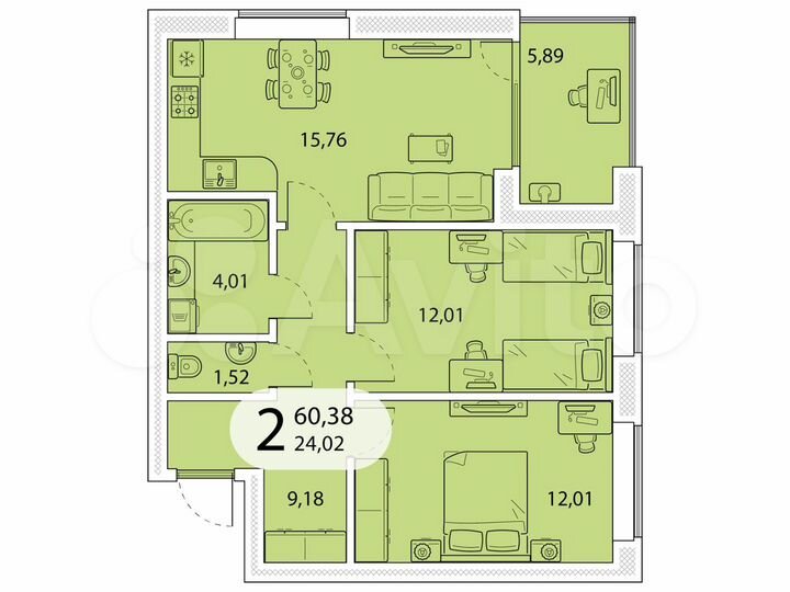 2-к. квартира, 60,4 м², 5/5 эт.