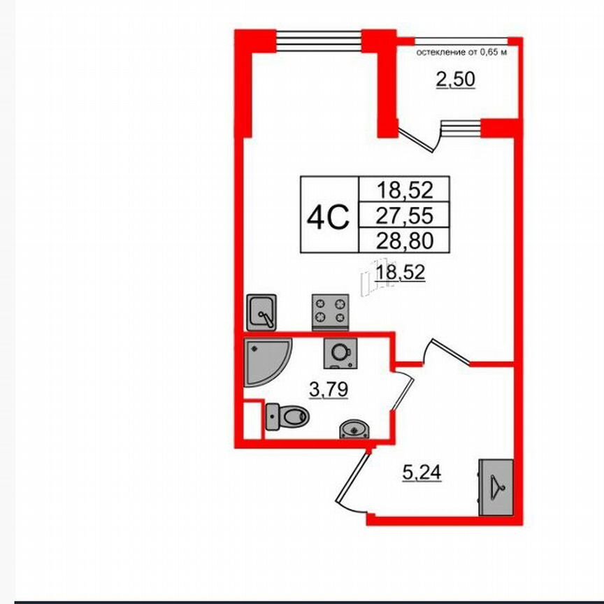 Квартира-студия, 27,6 м², 3/4 эт.