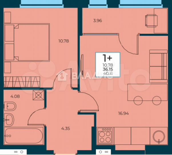 1-к. квартира, 40 м², 8/19 эт.