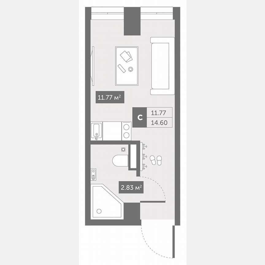 1-к. апартаменты, 14,6 м², 2/13 эт.