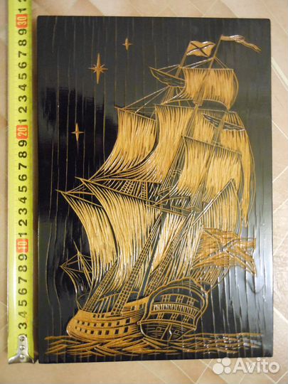 Картина чернолаковая, панно СССР Парусник