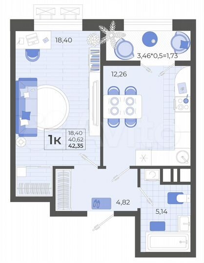 1-к. квартира, 42,4 м², 6/14 эт.