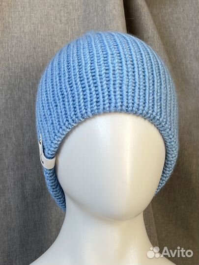 Шапка бини двойная вязаная голубая. Ручная работа