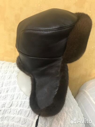 Ушанка комби кожа с норкой. Кожа коричневая италия