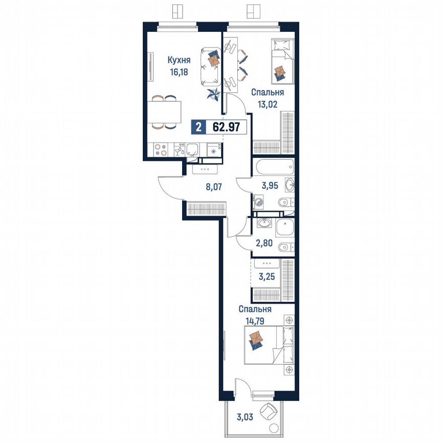 2-к. квартира, 63 м², 11/18 эт.