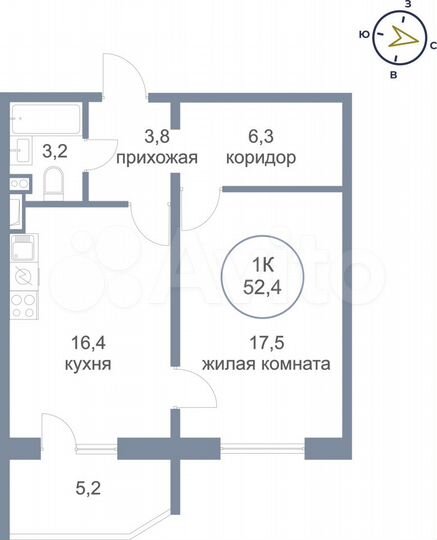 1-к. квартира, 52,4 м², 23/25 эт.
