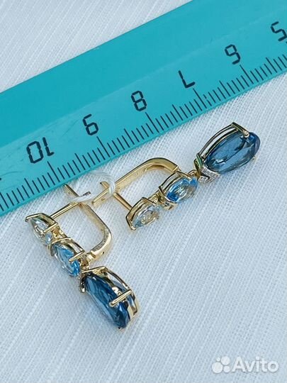 Серьги золотые капли с бриллиантами и топазами