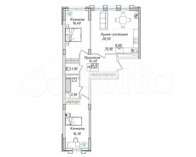 3-к. квартира, 81,4 м², 5/8 эт.