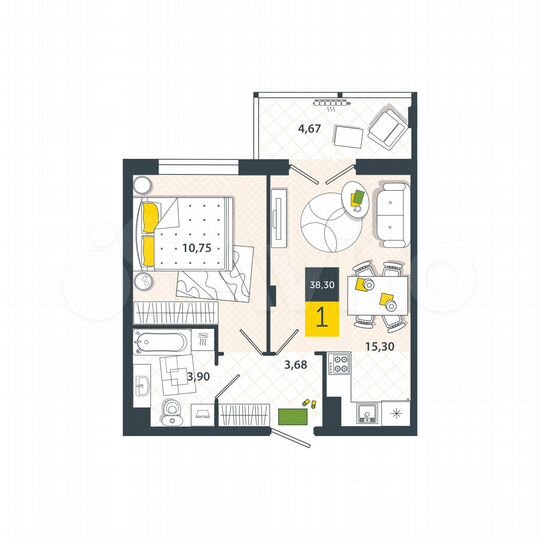 1-к. квартира, 38,3 м², 2/8 эт.