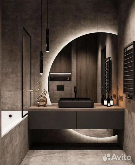 Парящее зеркало полукруг с подсветкой в ванную