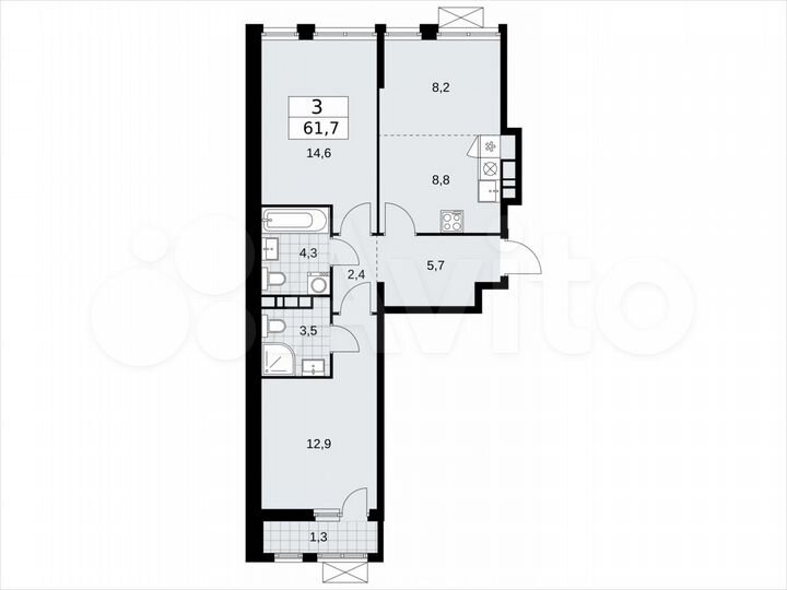 3-к. квартира, 61,7 м², 9/18 эт.