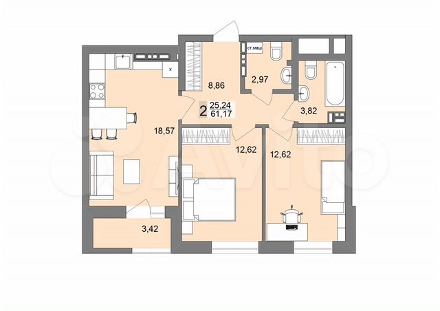 2-к. квартира, 60,7 м², 19/26 эт.
