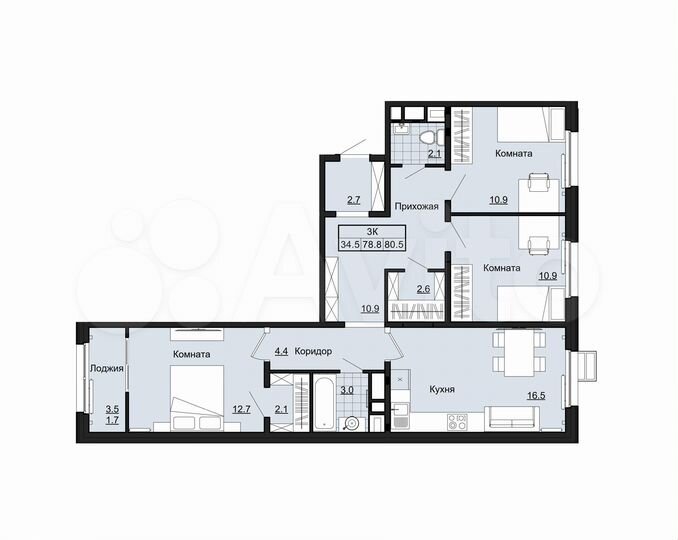 3-к. квартира, 80,5 м², 4/9 эт.